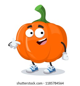 cartoon pumpkin mascot showing himself on a white background