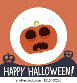 Cartoon pumpkin monster with happy halloween lettering.Vector halloween pumpkin cartoon character illustration from halloween collection.