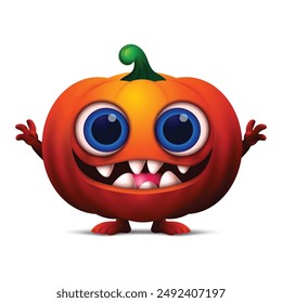 Cartoon Pumpkin monster, happy halloween clipart with big bulging eyes, smiling with teeth and fangs