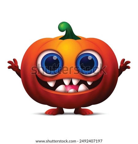 Cartoon Pumpkin monster, happy halloween clipart with big bulging eyes, smiling with teeth and fangs