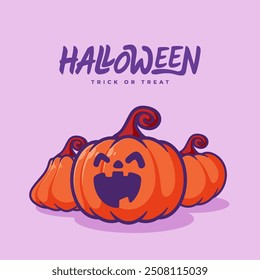 Cartoon pumpkin on purple background. Orange pumpkin with a smile for your design for the Halloween holiday. Vector illustration.