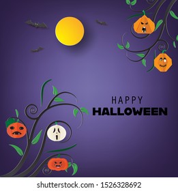 Cartoon pumpkin on vine with full moon and bats,vector illustration paper art style.