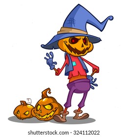 Cartoon pumpkin scarecrow. Halloween vector illustration of a happy scarecrow waving isolated on white