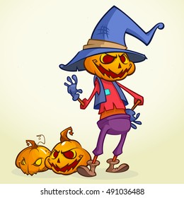 Cartoon pumpkin scarecrow. Halloween vector illustration of a happy scarecrow waving. Vector  isolated on white