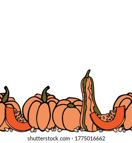 Cartoon Pumpkin seamless border with slices and seeds for thanksgiving, harvest and halloween design, decoration or product packaging wrapper. 