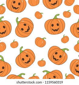 Cartoon pumpkin seamless pattern.  Hand drawn vector illustration.