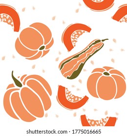 Cartoon Pumpkin seamless pattern with slices and seeds for thanksgiving, harvest and halloween design, decoration or product packaging wrapper.