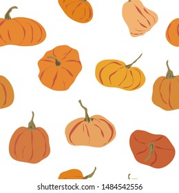 Cartoon pumpkin seamless pattern. Thanksgiving, Halloween collection. Farm harvest, close up vegetable. Different shapes and sizes orange gourd. Color simple flat vector illustration isolated on white