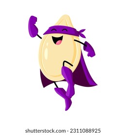 Cartoon pumpkin seed superhero character. Vector personage dressed in purple costume with mask and cape flies through the air, cracking jokes and battling villains with the power of his nutty strength