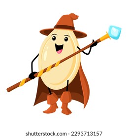 Cartoon pumpkin seed wizard, sorcerer and mage character standing with magic staff atilt. Vector whimsical witch, magician Halloween personage prepare for battle ready to protect healthy eating habits