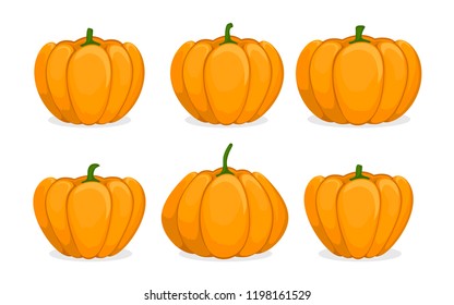 Cartoon pumpkin set. Different shapes and sizes orange gourd isolated on white background. Vegetable icons. Element for autumn Halloween party invitation decoration. Vector flat illustration.