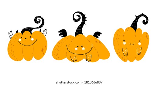 Cartoon pumpkin set. Halloween. Colorful vector illustration, flat style. design for cards, print, poster