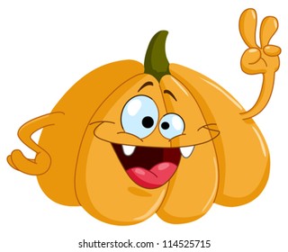 Cartoon pumpkin showing V sign