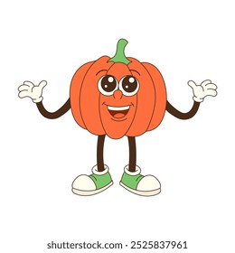 A cartoon pumpkin is smiling and waving. It is a fun and lighthearted image that is likely meant to be enjoyed by children