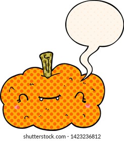 cartoon pumpkin with speech bubble in comic book style