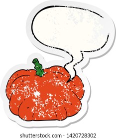 cartoon pumpkin with speech bubble distressed distressed old sticker