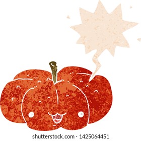cartoon pumpkin with speech bubble in grunge distressed retro textured style