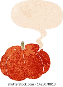 calabaza de dibujos animados con burbuja de habla en un estilo retro angustiado y texturado