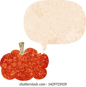 cartoon pumpkin with speech bubble in grunge distressed retro textured style