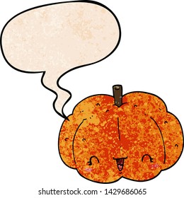 cartoon pumpkin with speech bubble in retro texture style