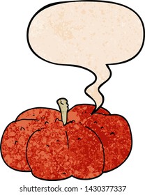 calabaza de dibujos animados con burbuja de habla en estilo de textura retro