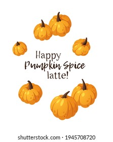 Cartoon Pumpkin Spice Season Image with Text. Hand drawn stylish vegetable. Vector drawing fresh organic food and Quote. Summer illustration vegan ingrediens for smoothies or Pie