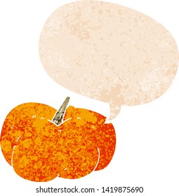 cartoon pumpkin squash with speech bubble in grunge distressed retro textured style