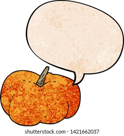 cartoon pumpkin squash with speech bubble in retro texture style