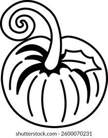 A cartoon pumpkin with a stem and leaf