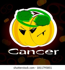 Cartoon pumpkin. Sticker of zodiak sign Cancer. Halloween illustration on a black and red background with pumpkins and astrological horoscope symbols. Vector illustration.