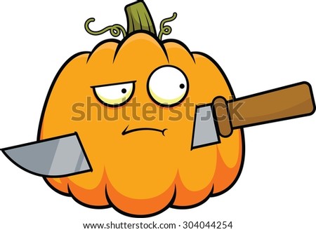 Cartoon pumpkin stuck with a knife. 