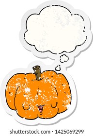 calabaza de caricatura con burbuja de pensamiento como pegatina gastada angustiada