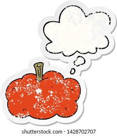 calabaza de caricatura con burbuja de pensamiento como pegatina gastada angustiada