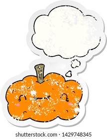 calabaza de caricatura con burbuja de pensamiento como pegatina gastada angustiada
