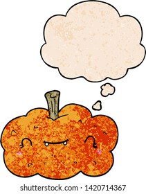 cartoon pumpkin with thought bubble in grunge texture style