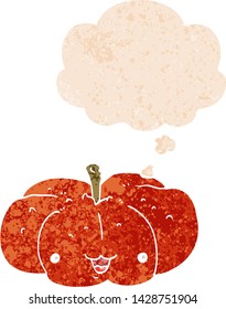 calabaza de dibujos animados con burbuja de pensamiento en un estilo retro angustiado y con textura estrafalaria