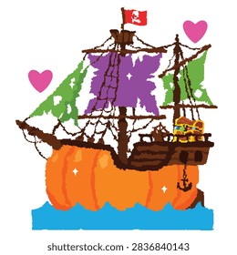 Cartoon pumpkin. Vector pumpkin. Cute Halloween pumpkin pirate ship with purple sails sailing on
blue water on a white background.