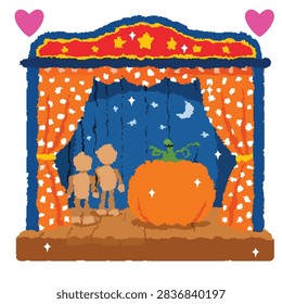 Cartoon pumpkin. Vector pumpkin. Cute Halloween pumpkin on a puppet theater stage with
curtains on a white background.