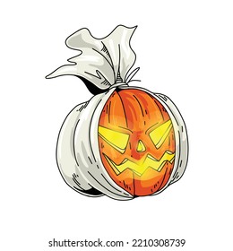 cartoon pumpkin vector halloween jack o lantern wearing pocong costume from indonesia