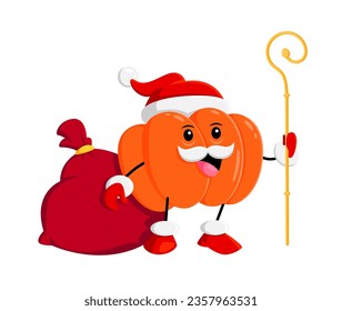 Cartoon pumpkin vegetable character with gifts bag. Christmas celebration funny veggie vector personage, winter holiday season cheerful vegetable, cute pumpkin in Santa Claus costume and scepter