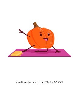 Cartoon pumpkin vegetable character on yoga fitness sport. Isolated vector happy gourd personage stand in asana pose on mat. Yogi squash stand on knee with raised arm, natural food healthy lifestyle