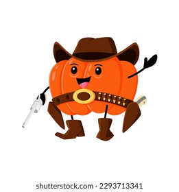 Cartoon pumpkin vegetable cowboy, ranger or bandit character. Vector ripe gourd personage, Funny cheerful fairytale healthy food, brave garden veggies wear boots, belt and hat, horseman fresh squash