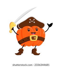Cartoon pumpkin vegetable pirate and corsair character with saber. Vector captain personage with happy smiling face. Picaroon wear tricorn holding sword. Isolated funny buccaneer gourd or squash