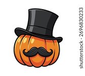 A cartoon pumpkin wearing a black top hat and a handlebar mustache, ready for Halloween festivities.
