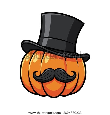 A cartoon pumpkin wearing a black top hat and a handlebar mustache, ready for Halloween festivities.