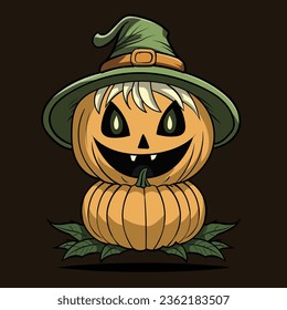 Cartoon pumpkin wearing a witch hat