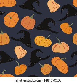 Cartoon pumpkin and witch hat seamless pattern. Halloween collection. Different shapes and sizes orange gourd. Colorful simple flat vector illustration isolated on blue