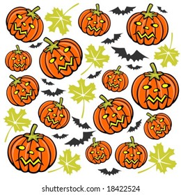 Cartoon pumpkins and bats on a white background. Halloween illustration.
