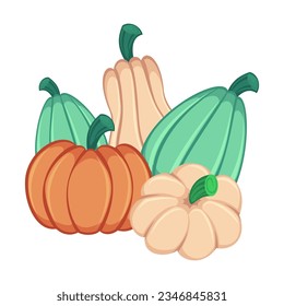 La caricatura calza la ilustración vectorial plana. Dibujo de caricaturas de calabazas para una casa de campo aislada en fondo blanco. Otoño o otoño, Acción de Gracias, concepto de cosecha
