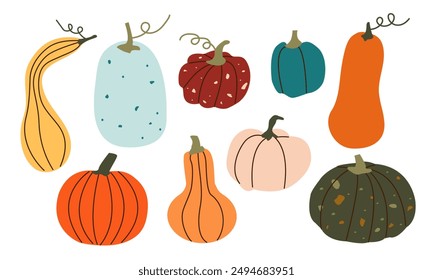 Cartoon pumpkins, Halloween squash, fall harvest gourds. Autumn set of hand drawn cute and cozy design elements. Fall, Thanksgiving Day, Autumn season.